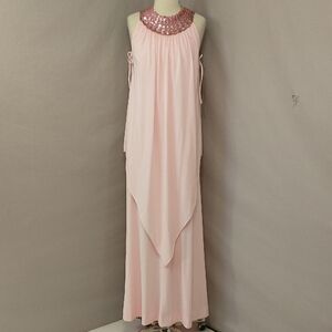 Vintage Gown Pastel Pink Grecian Style Sequin Neck Band 60s 70s